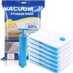 A retail 5-pack of clear vacuum storage bags stacked next to a blue manual hand pump and their blue-and-white product packaging, highlighting an 80% volume reduction feature.