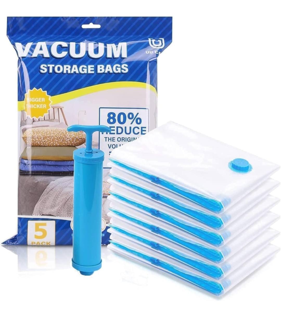 A retail 5-pack of clear vacuum storage bags stacked next to a blue manual hand pump and their blue-and-white product packaging, highlighting an 80% volume reduction feature.