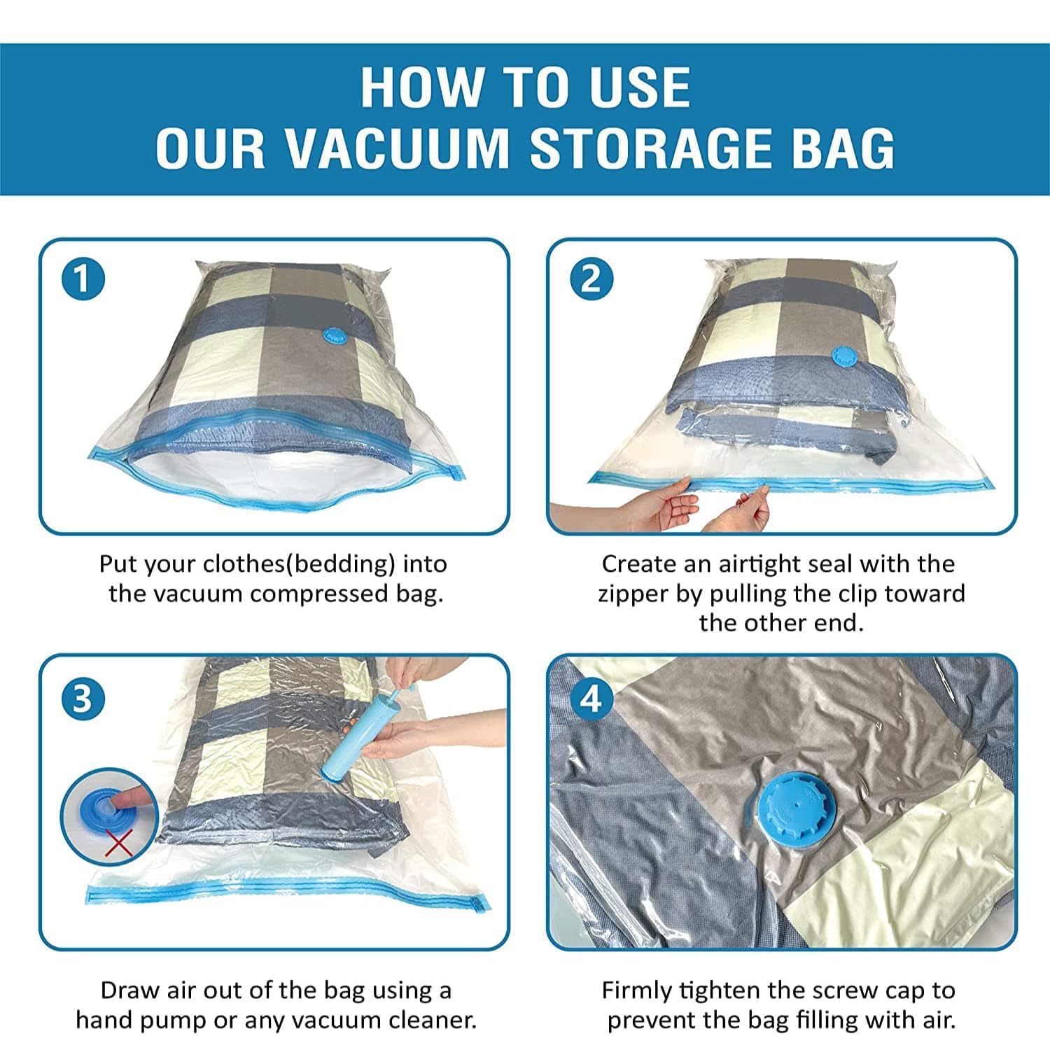5-Pack Vacuum Storage Bags with Travel Hand Pump | Heavy-Duty Space Saving Bags for Clothes, Blankets, and Bedding