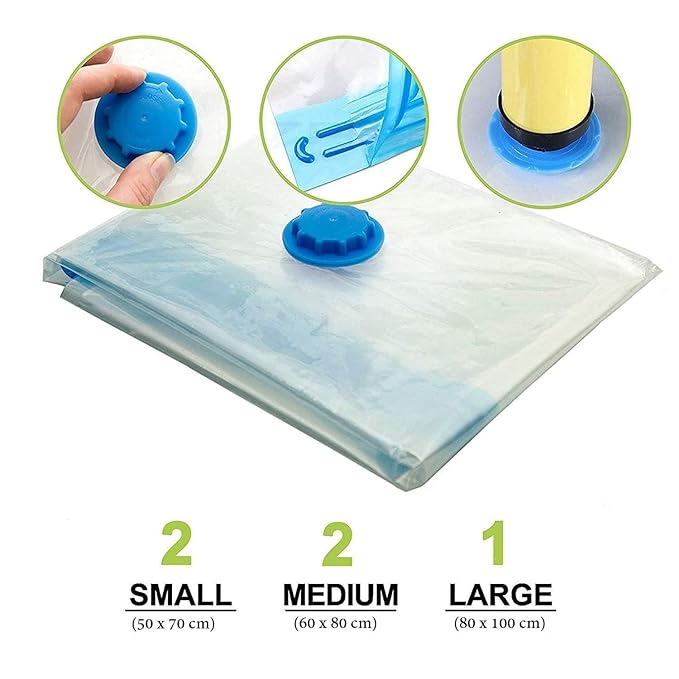 5-Pack Vacuum Storage Bags with Travel Hand Pump | Heavy-Duty Space Saving Bags for Clothes, Blankets, and Bedding