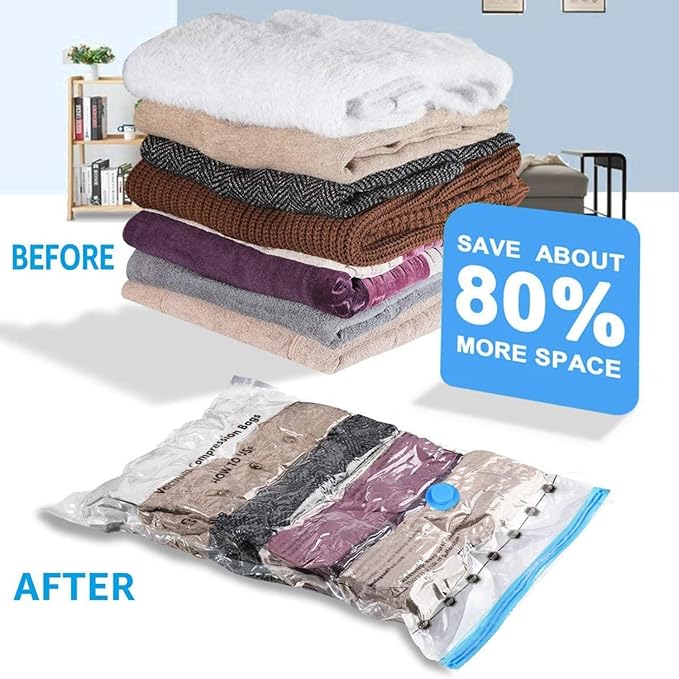 5-Pack Vacuum Storage Bags with Travel Hand Pump | Heavy-Duty Space Saving Bags for Clothes, Blankets, and Bedding