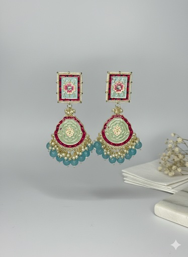 Handcrafted Meenakari Jhumka Earrings with Mint Green Beads & Floral Motif