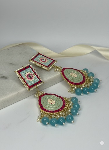 Handcrafted Meenakari Jhumka Earrings with Mint Green Beads & Floral Motif
