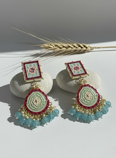 Handcrafted Meenakari Jhumka Earrings with Mint Green Beads & Floral Motif