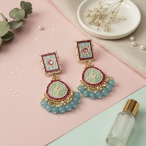Handcrafted Meenakari Jhumka Earrings with Mint Green Beads & Floral Motif