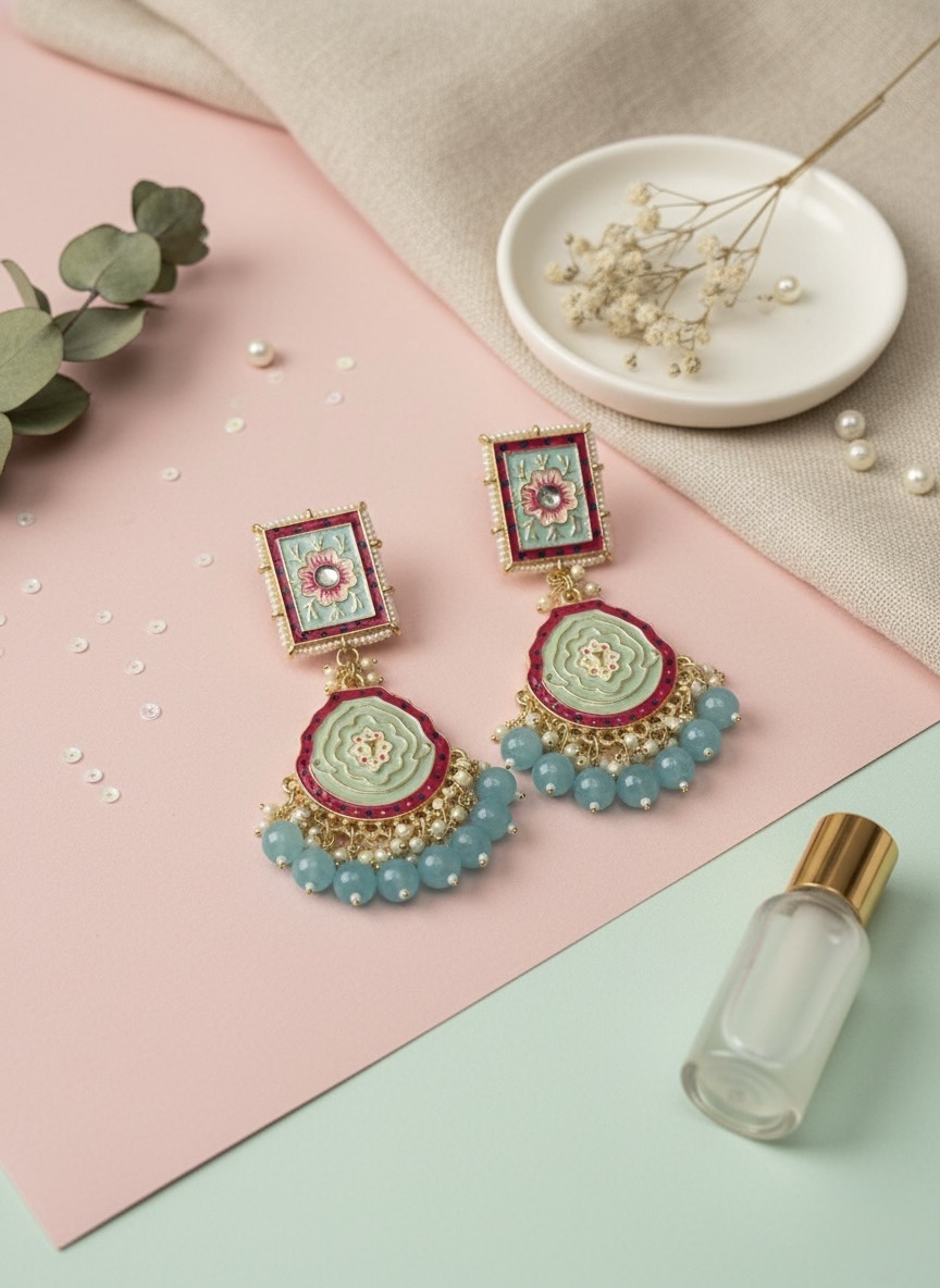 Handcrafted Meenakari Jhumka Earrings with Mint Green Beads & Floral Motif
