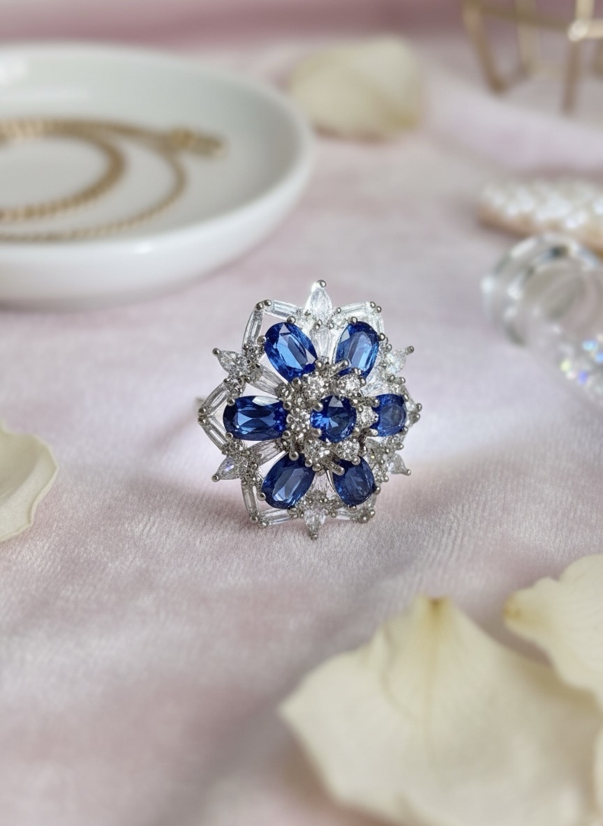 Vintage-Inspired Blue Sapphire and Diamond Floral Snowflake Statement Ring