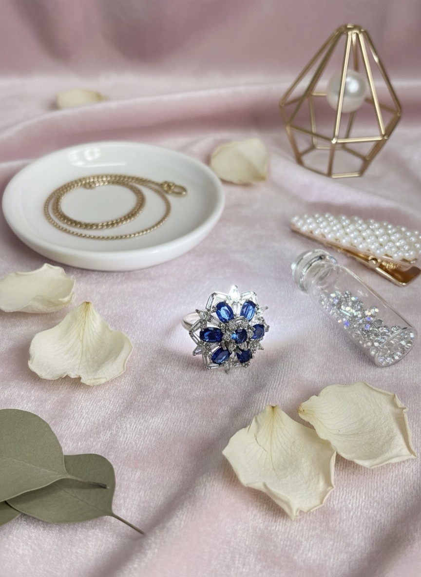 Vintage-Inspired Blue Sapphire and Diamond Floral Snowflake Statement Ring