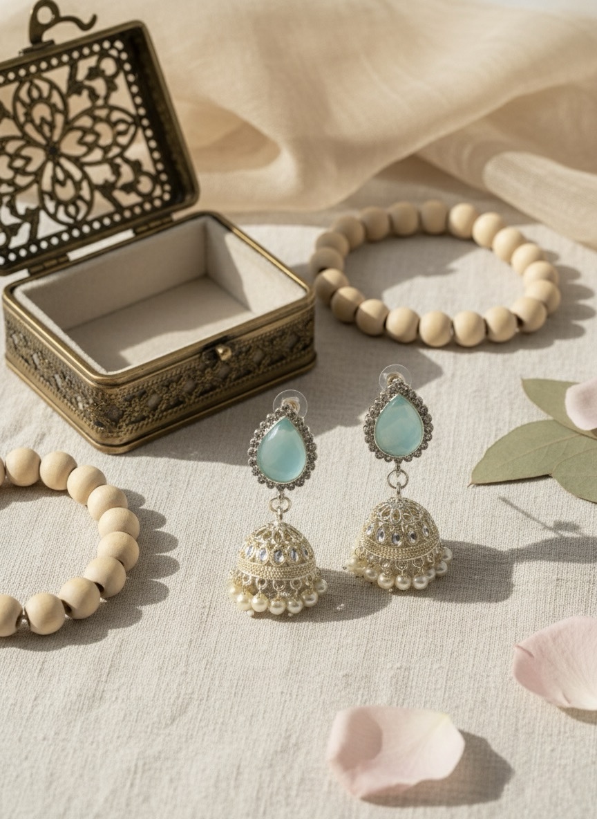 Elegant Pastel Jhumka Earrings – Traditional Gold-Plated Filigree Drop Earrings with Pearl Accents