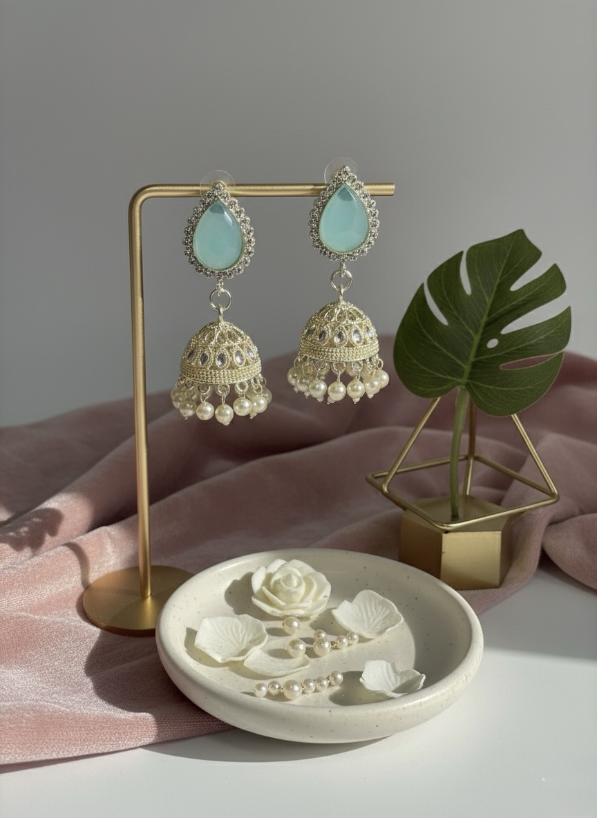 Elegant Pastel Jhumka Earrings – Traditional Gold-Plated Filigree Drop Earrings with Pearl Accents