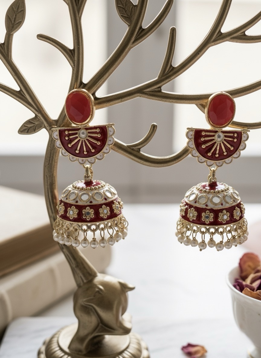Jhumka Earrings with Meenakari and Pearl Drops