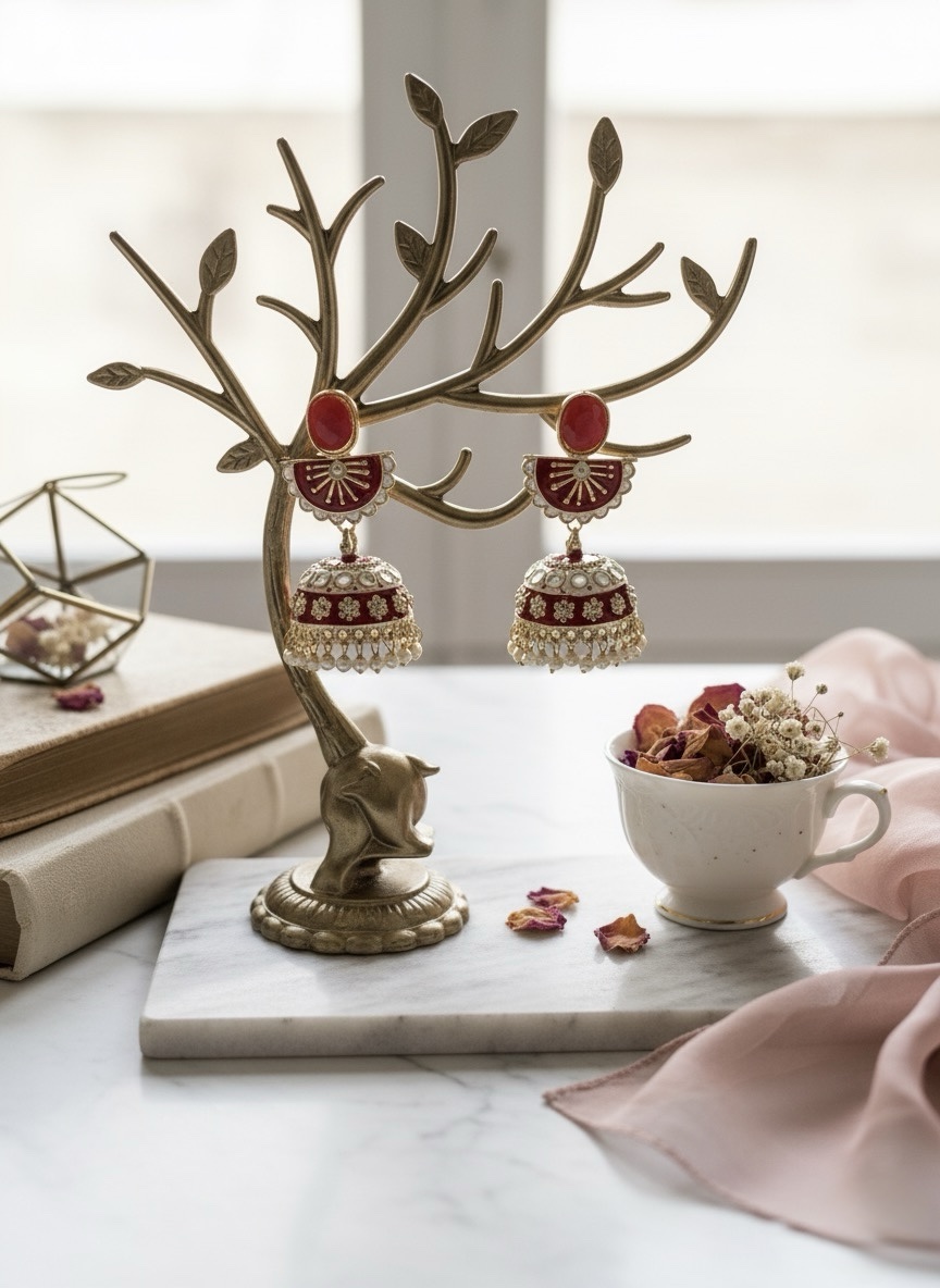 Jhumka Earrings with Meenakari and Pearl Drops