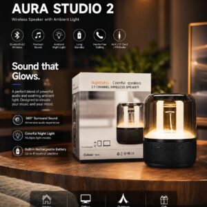 Portable Bluetooth Speaker with LED Light – 2.1 Channel Stereo Bass Wireless Speaker, Transparent Ambient Desktop Speaker for Home, Office, and Travel.