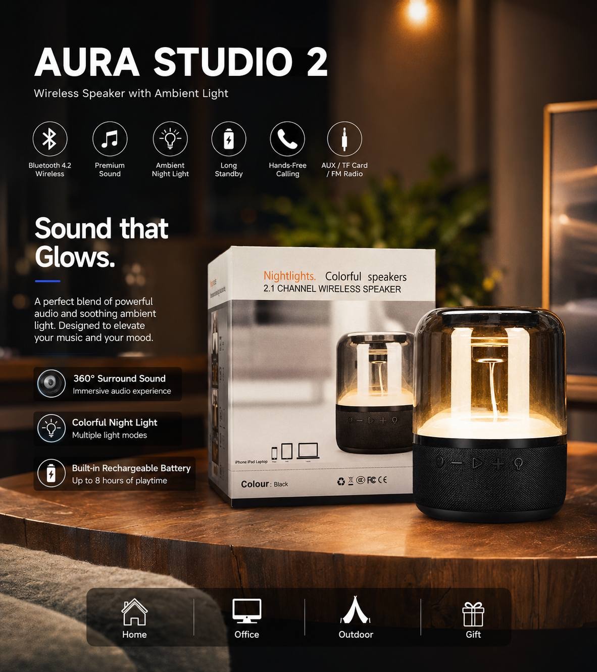 Portable Bluetooth Speaker with LED Light – 2.1 Channel Stereo Bass Wireless Speaker, Transparent Ambient Desktop Speaker for Home, Office, and Travel.