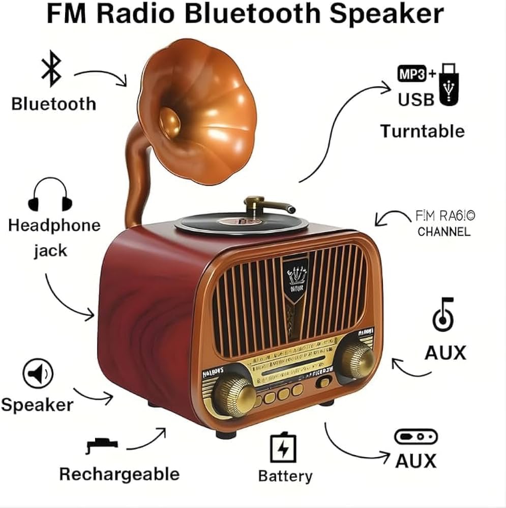 Vintage Gramophone Bluetooth Speaker • Retro Wooden Radio