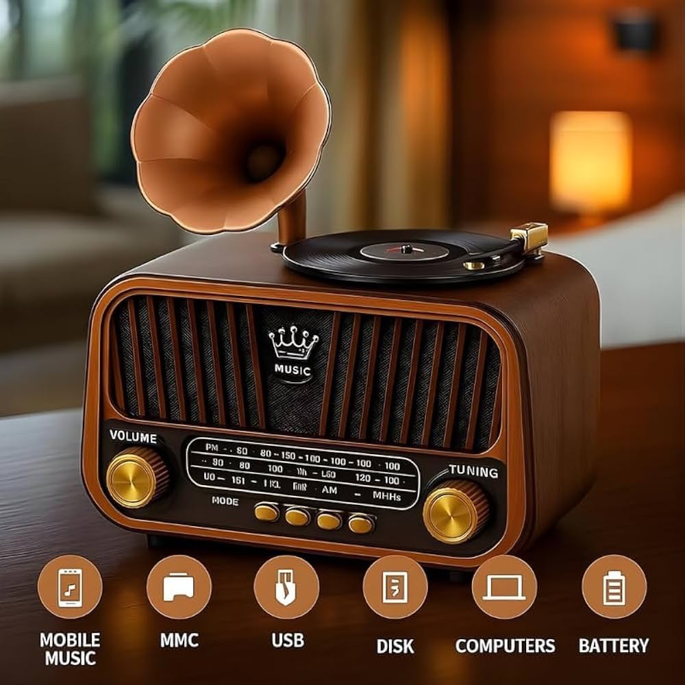Vintage Gramophone Bluetooth Speaker • Retro Wooden Radio
