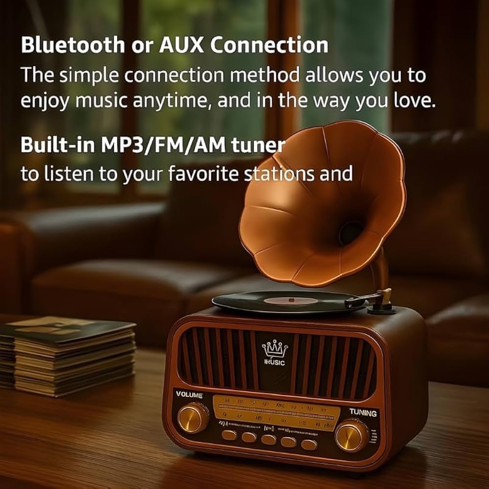 Vintage Gramophone Bluetooth Speaker • Retro Wooden Radio