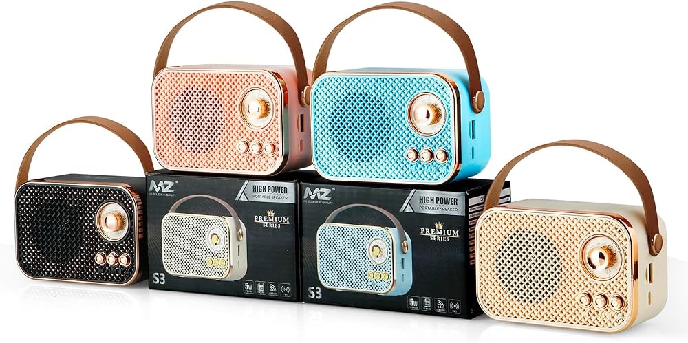 Retro Bluetooth Speaker with Leather Strap – Vintage Portable Wireless Radio, Mesh Grille, Rose Gold Accents | Compact Rechargeable Desk Speaker