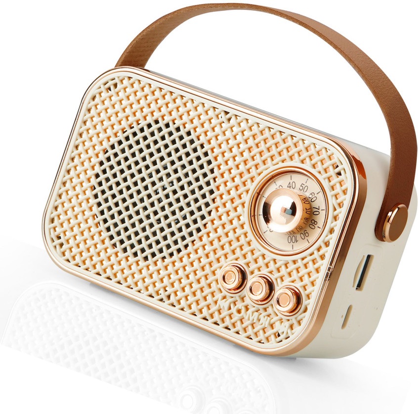 Retro Bluetooth Speaker with Leather Strap – Vintage Portable Wireless Radio, Mesh Grille, Rose Gold Accents | Compact Rechargeable Desk Speaker