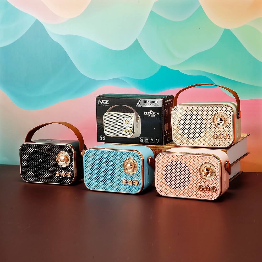 Retro Bluetooth Speaker with Leather Strap – Vintage Portable Wireless Radio, Mesh Grille, Rose Gold Accents | Compact Rechargeable Desk Speaker