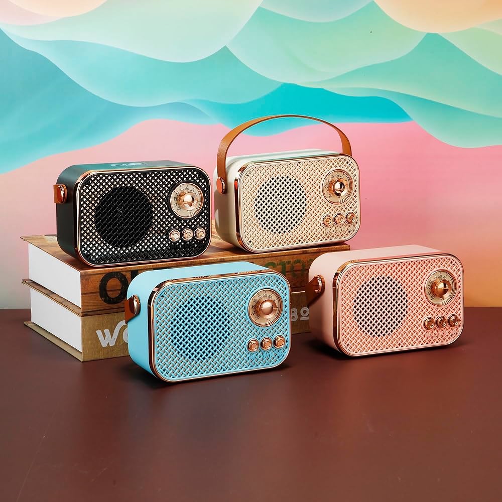 Retro Bluetooth Speaker with Leather Strap – Vintage Portable Wireless Radio, Mesh Grille, Rose Gold Accents | Compact Rechargeable Desk Speaker