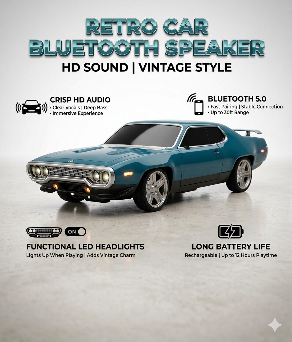 Vintage Muscle Car Wireless Speaker | Retro Tabletop Bluetooth Sound System with LED Lights