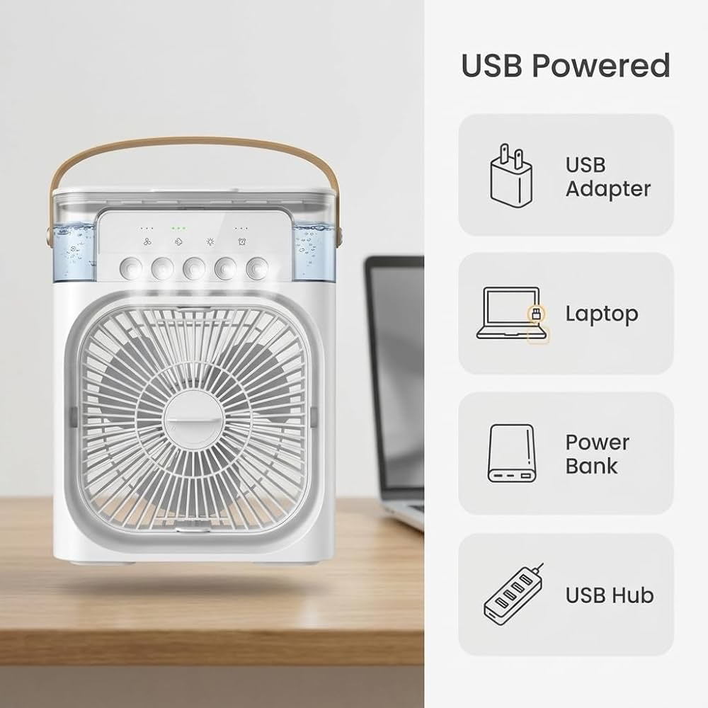 Portable Air Cooler Fan with Mist Spray, USB Powered Desktop Portable Cooling Fan, 60° Adjustable Mini Evaporative Cooler with Timer