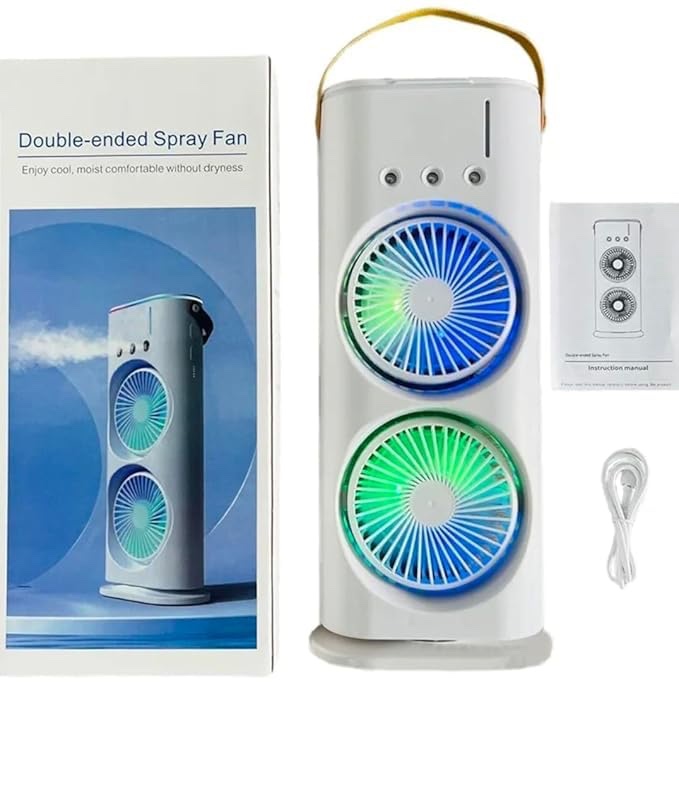 Portable Double Ended Spray Fan with Misting | USB Rechargeable Mini Air Cooler with LED Light | 3 Speed Cooling Fan with 280ml Water Tank (Multicolor)