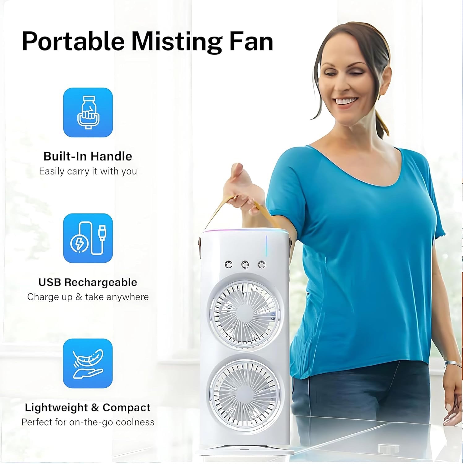 Portable Double Ended Spray Fan with Misting | USB Rechargeable Mini Air Cooler with LED Light | 3 Speed Cooling Fan with 280ml Water Tank (Multicolor)