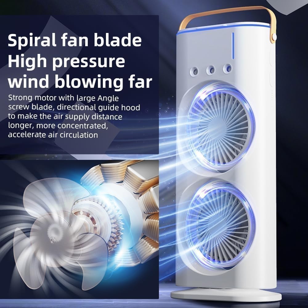 Portable Double Ended Spray Fan with Misting | USB Rechargeable Mini Air Cooler with LED Light | 3 Speed Cooling Fan with 280ml Water Tank (Multicolor)