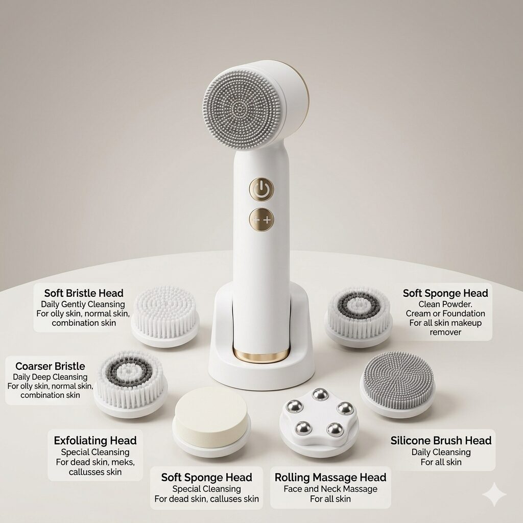 6-in-1 Electric Facial Cleansing Brush & Skin Massager Kit – Deep Pore Exfoliation, Makeup Removal & Facial Glow System