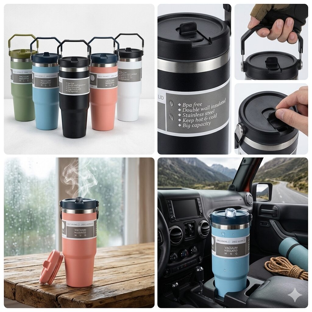 Stainless Steel Insulated Travel Tumbler (890ml) – Heavy Duty Thermal Coffee Mug with Easy-Carry Handle, Keeps Drinks Hot & Icy Cold