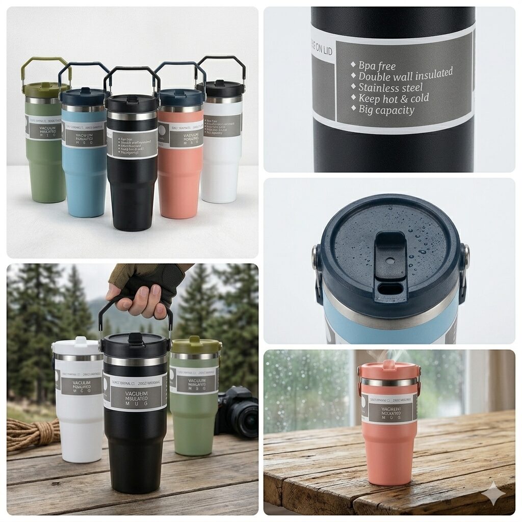Stainless Steel Insulated Travel Tumbler (890ml) – Heavy Duty Thermal Coffee Mug with Easy-Carry Handle, Keeps Drinks Hot & Icy Cold