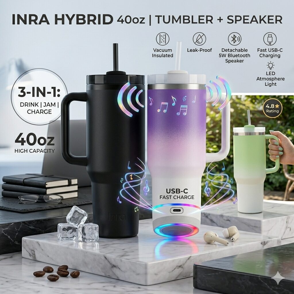 Stainless Steel Tumbler with Built-in Wireless Bluetooth Speaker & Color-Changing LED Lights