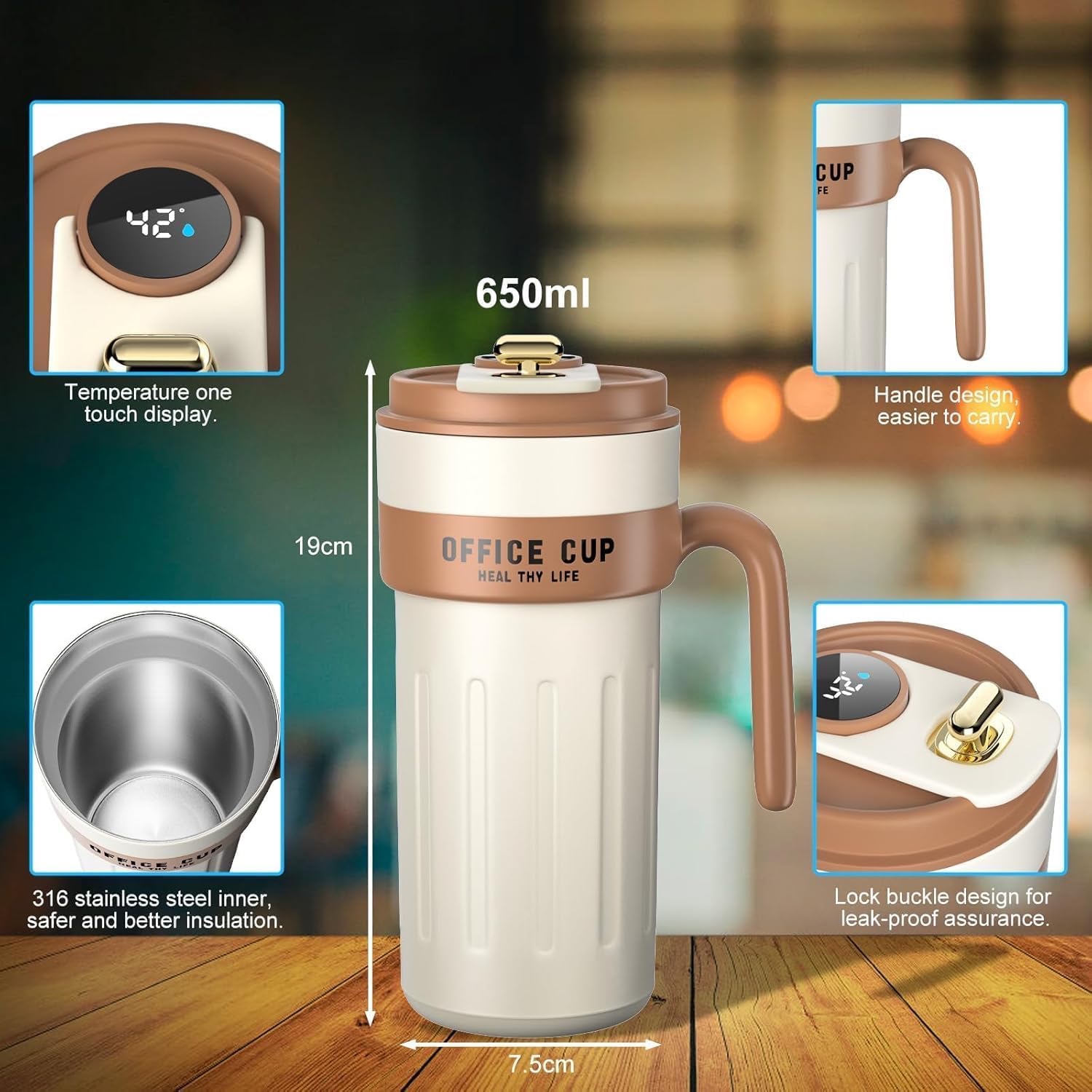 Smart Temperature Display Mug – 650ml with Leak-Proof Lid | Hot & Cold Insulated Travel Stainless Steel Mug