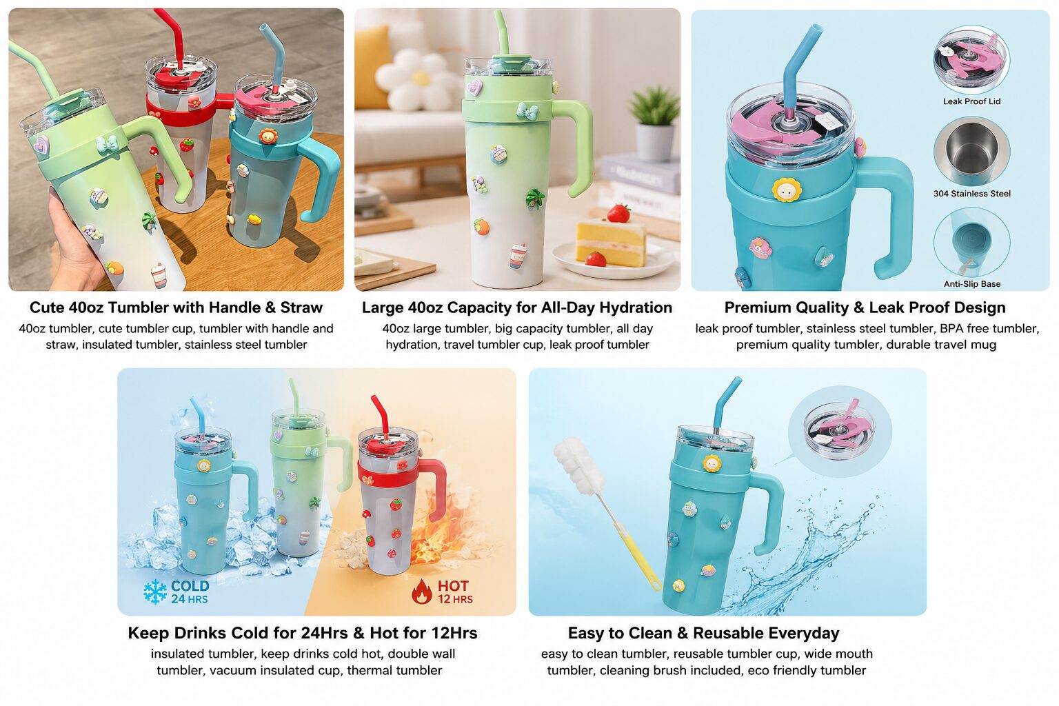 Cute 40oz Stainless Steel Tumbler with Charms