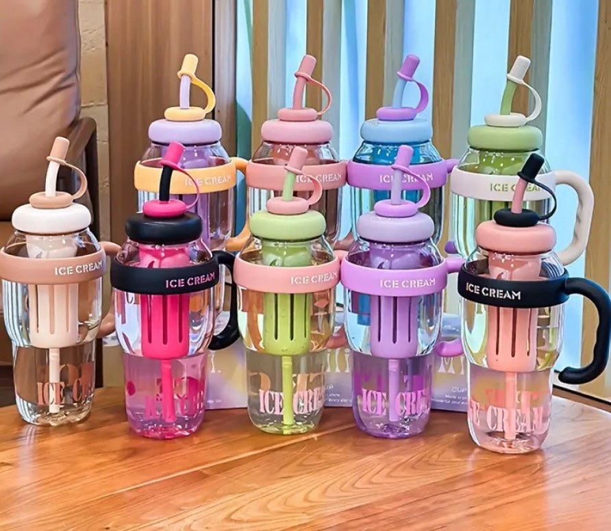 Cute Ice Cream Themed Portable Water Bottles with Straw - Multiple Colors