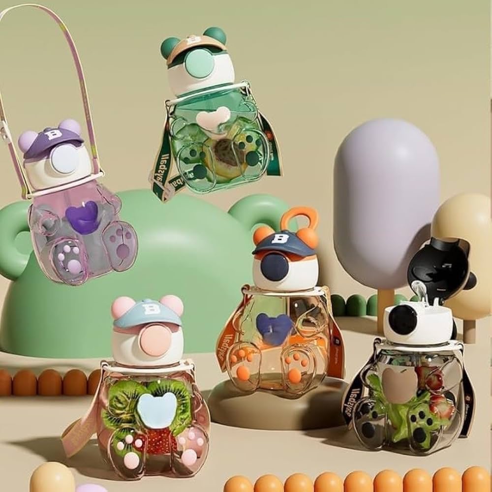 Cute Bear Shaped Water Bottle with Straw and Adjustable Strap - Portable Kids' Sporty Sipper