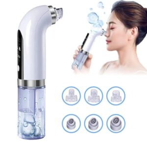 A beautiful woman with clear, radiant skin using a black and clear electric pore vacuum cleaner on her nose, surrounded by floating water bubbles against a clean, light blue background.